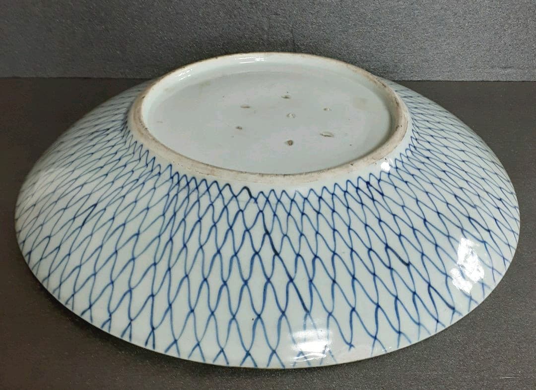 【大名品】江戸時代中期～後期　古伊万里　染付　網手文様　径40.6cm　大皿