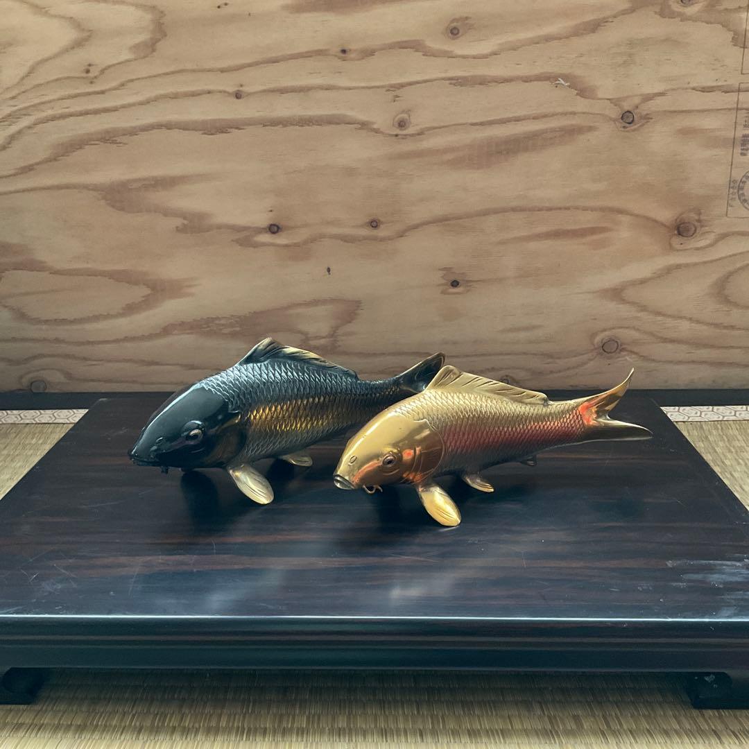 双鯉 双鯉 夫婦鯉 縁起物 金属製鯉の彫刻セット 置物 美術品 金属製鯉の装飾品