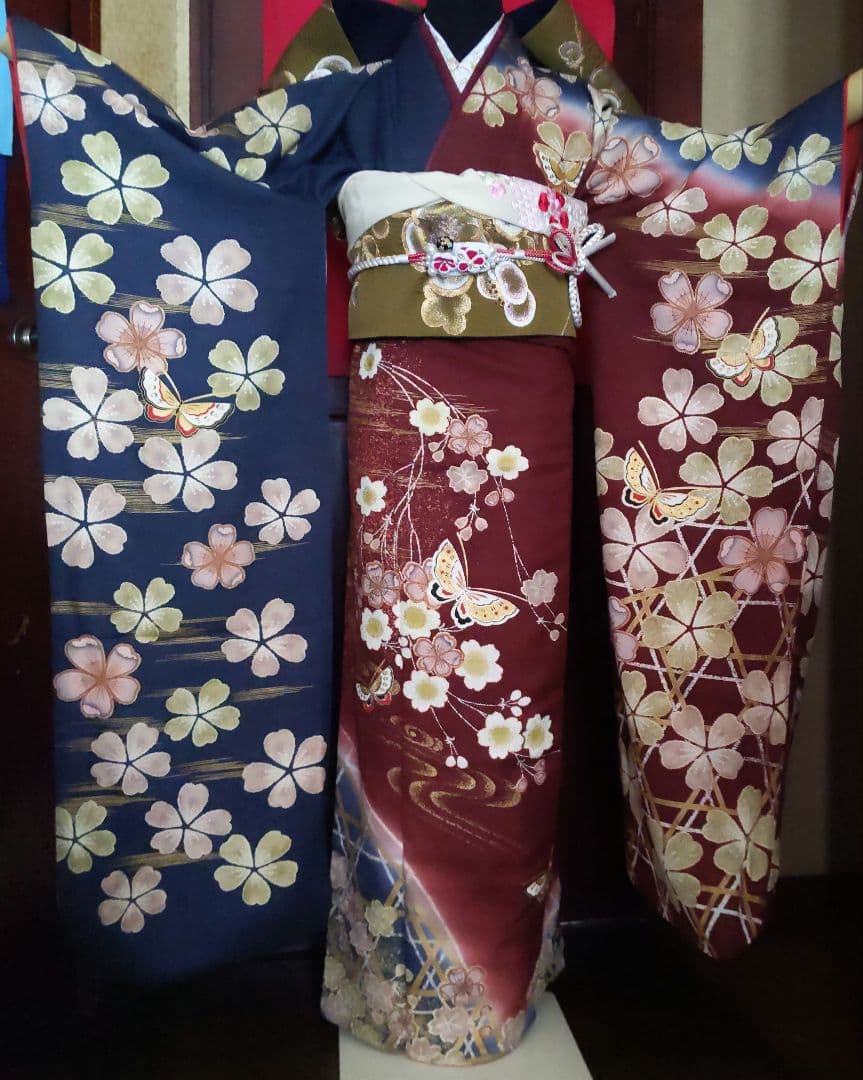 351華やぎ【最終価格】【桜蝶　紺色×ワイン色】【振袖6点フルセット】卒業謝恩会