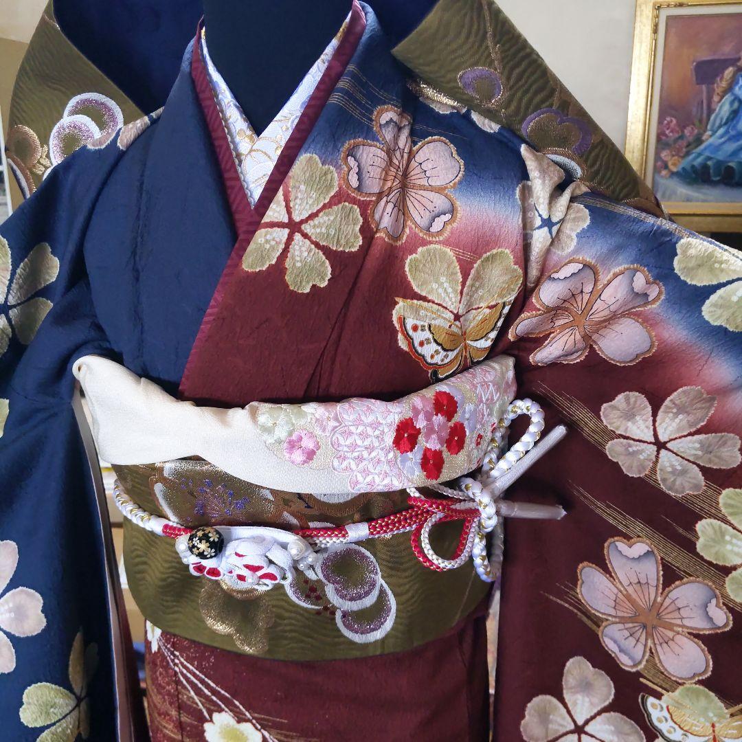 351華やぎ【最終価格】【桜蝶　紺色×ワイン色】【振袖6点フルセット】卒業謝恩会