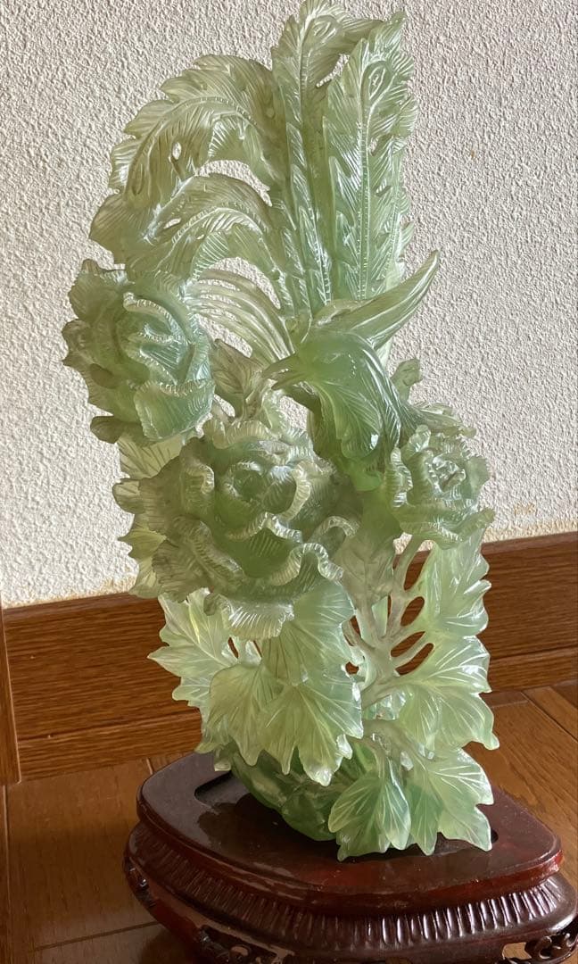翡翠 鳥 牡丹 モチーフ 彫刻 約30cm 1.9kg