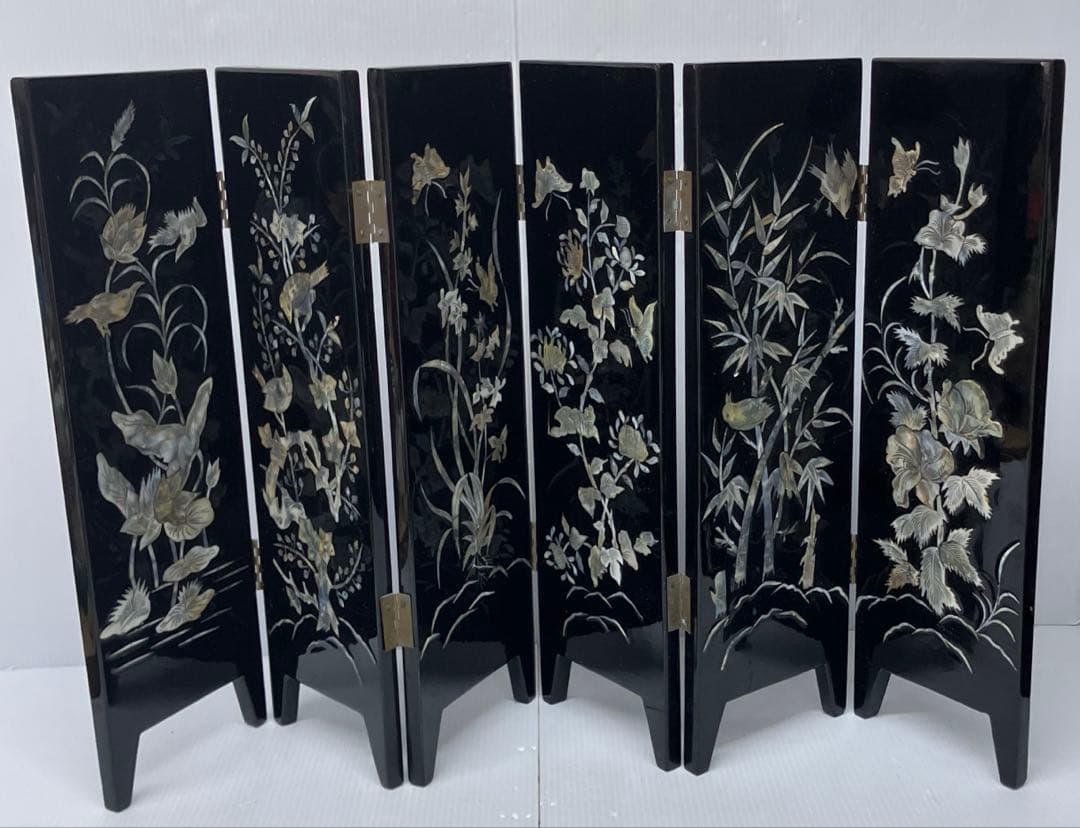 【螺鈿細工】卓上屏風　衝立　漆器　インテリア　美術品　花鳥　金魚　コレクション