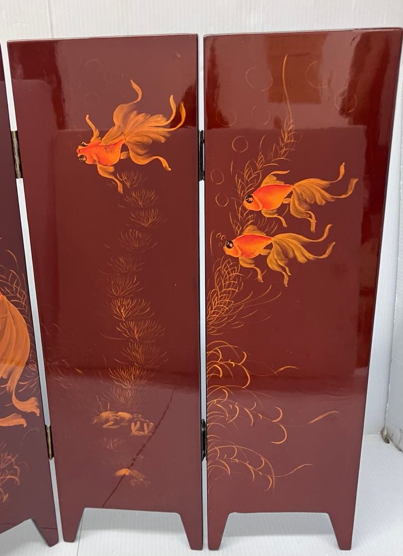 【螺鈿細工】卓上屏風　衝立　漆器　インテリア　美術品　花鳥　金魚　コレクション