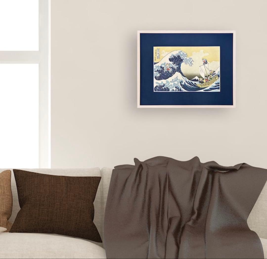 新作 新品 ドラえもん浮世絵木版画「富嶽三十六景 神奈川沖浪裏」額付き
