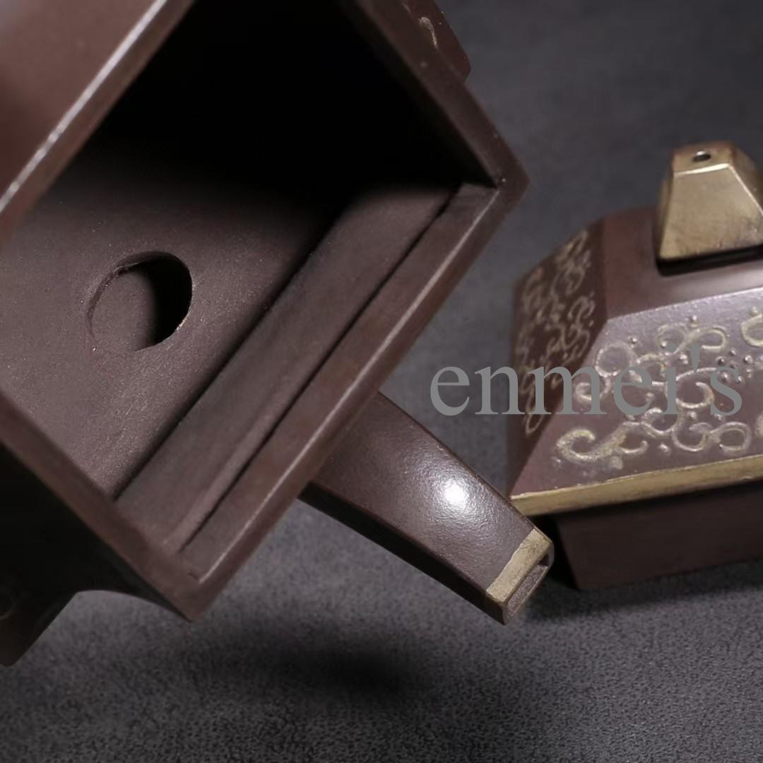 中国古美術・紫砂四方壺・原鉱紫泥・底款杨季初・急須・茶壺・山水風景と書紋・茶道具