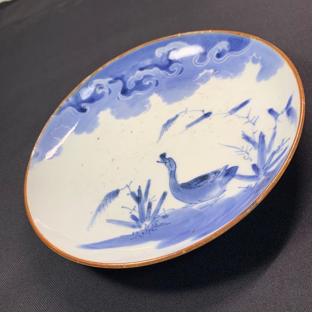 K613⭐︎藍九谷 雲に水辺の鳥文 六寸皿 墨弾き 完品 中皿 古美術
