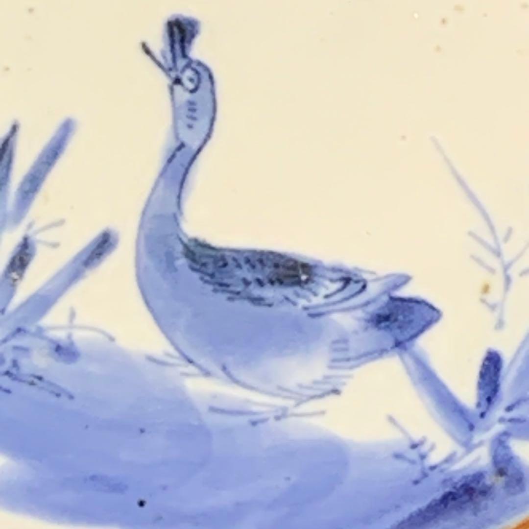 K613⭐︎藍九谷 雲に水辺の鳥文 六寸皿 墨弾き 完品 中皿 古美術