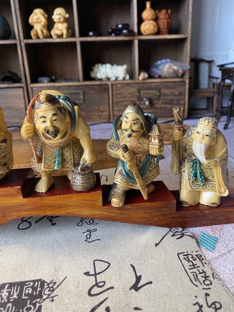 時代物　七福神 置物 山口 在銘有り 台座幅40.5cm 細密彫刻 開運 縁起物