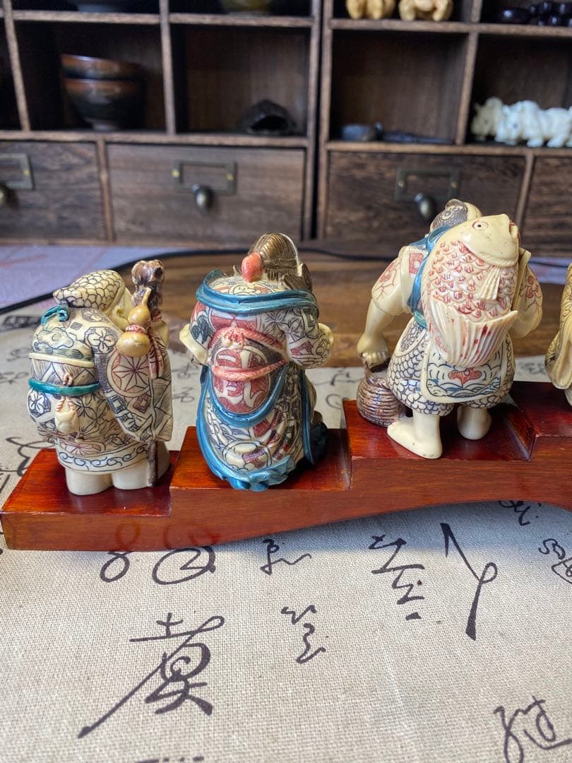 時代物　七福神 置物 山口 在銘有り 台座幅40.5cm 細密彫刻 開運 縁起物