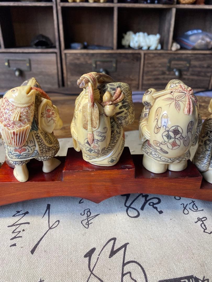 時代物　七福神 置物 山口 在銘有り 台座幅40.5cm 細密彫刻 開運 縁起物