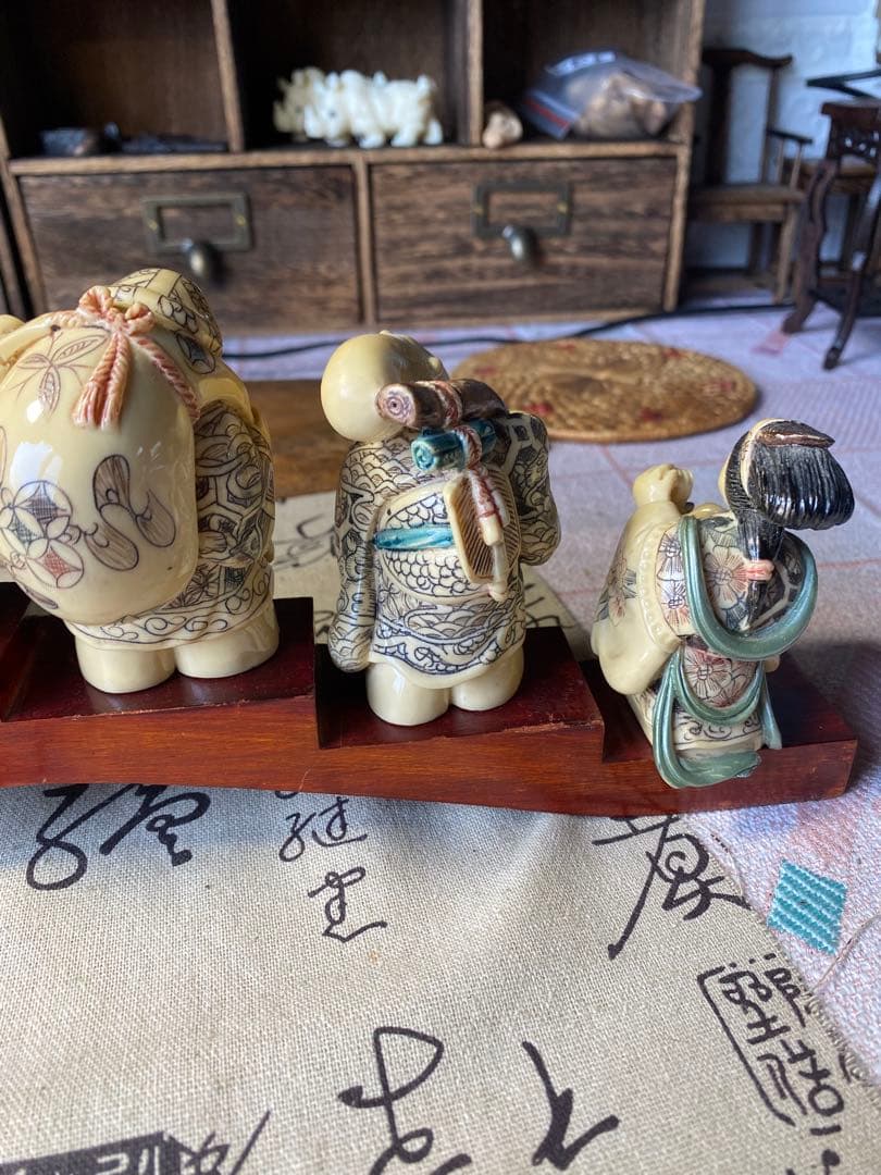 時代物　七福神 置物 山口 在銘有り 台座幅40.5cm 細密彫刻 開運 縁起物