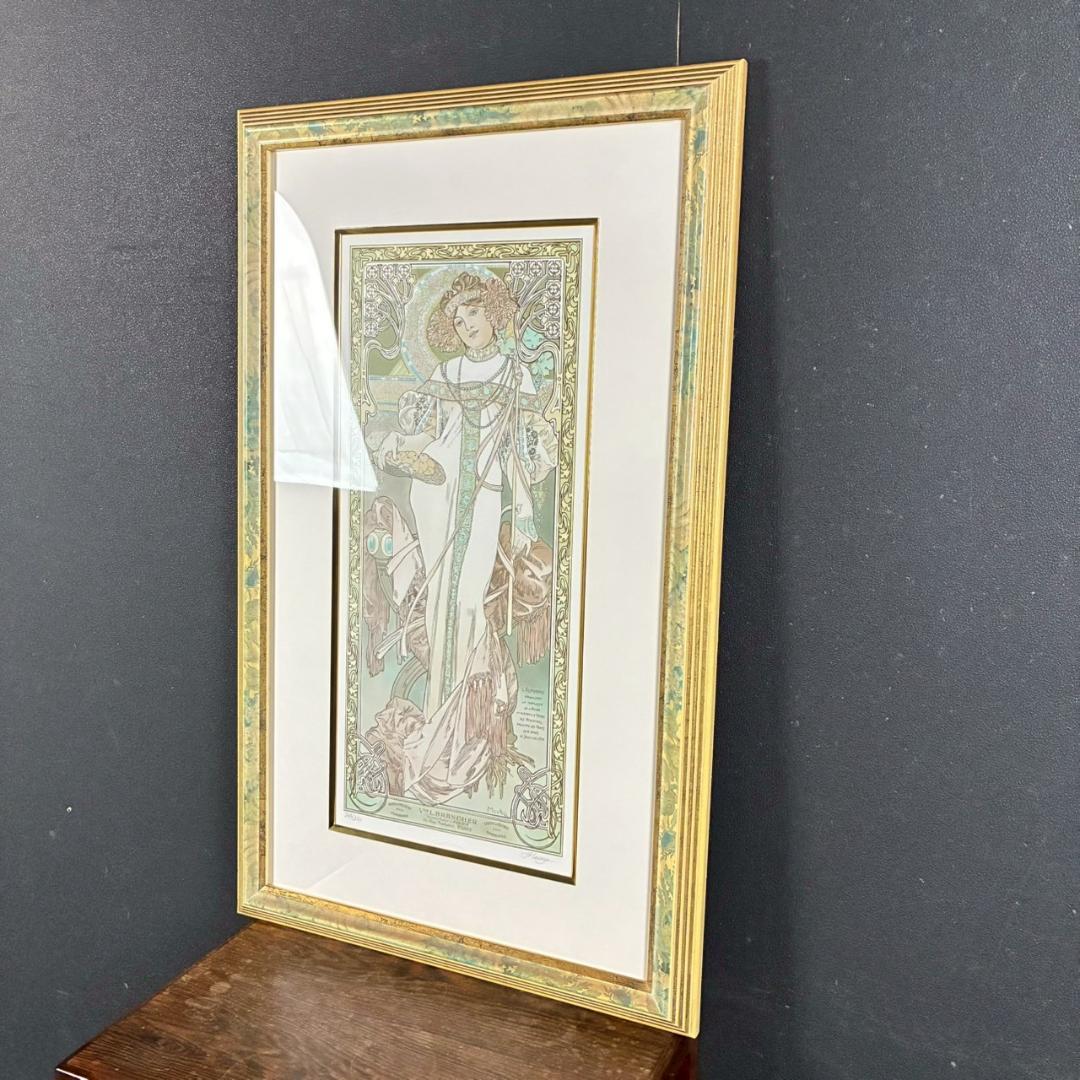 美品 アルフォンス・ミュシャ「四季・秋」リトグラフ 摺師サイン入り お洒落額装