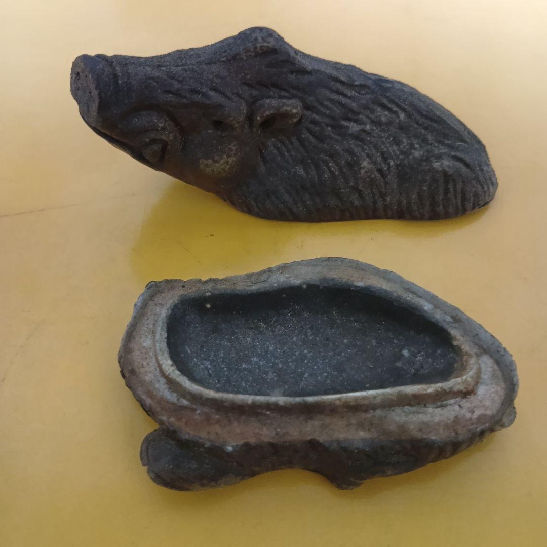 骨董品　香合　備前焼　イノシシ　置物　木箱付き　勝　茶道具　極美品‼️