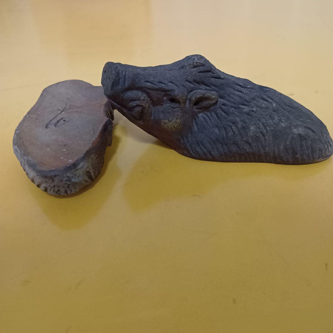 骨董品　香合　備前焼　イノシシ　置物　木箱付き　勝　茶道具　極美品‼️