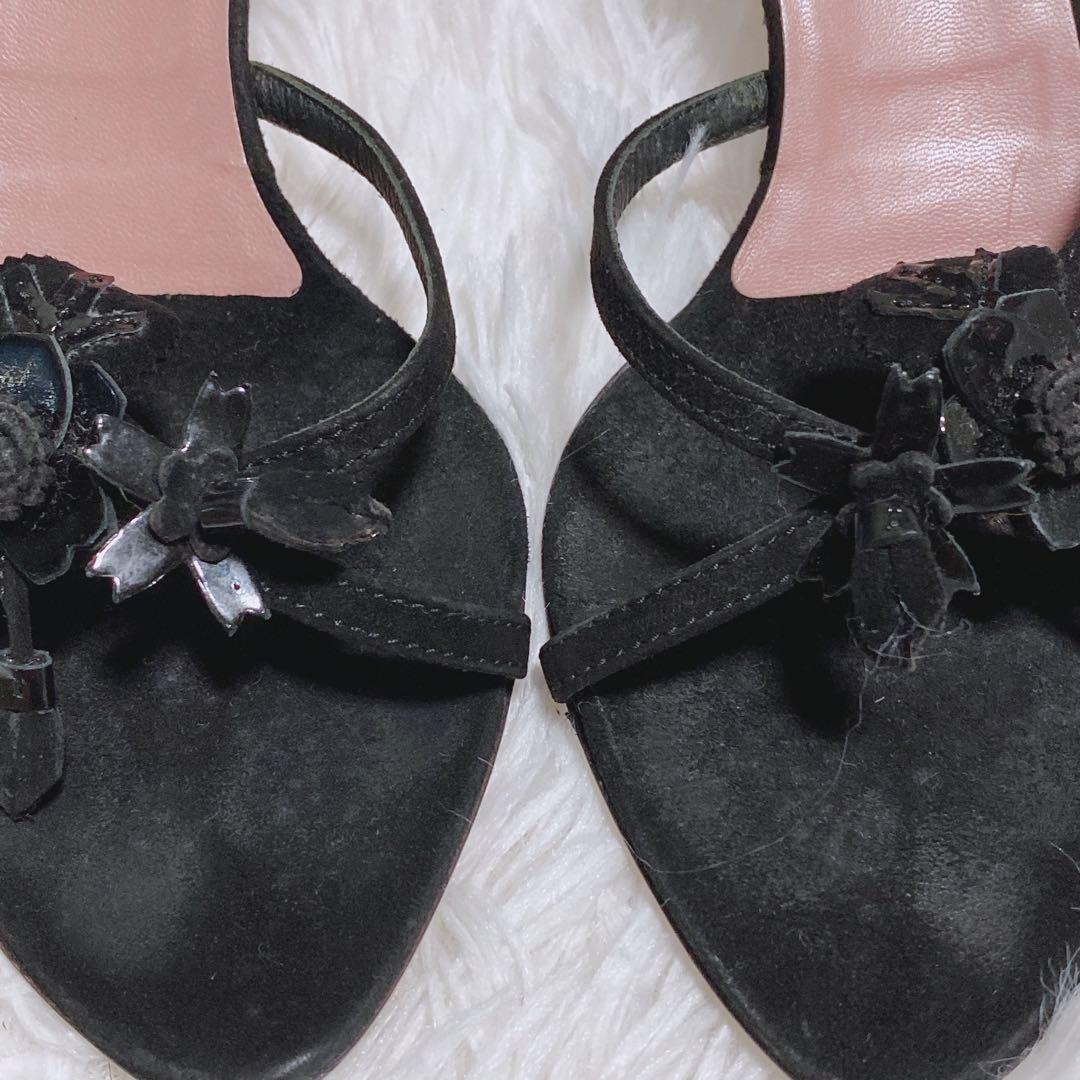 プラダ PRADAレザー フラワー サンダル ミュール 黒 36