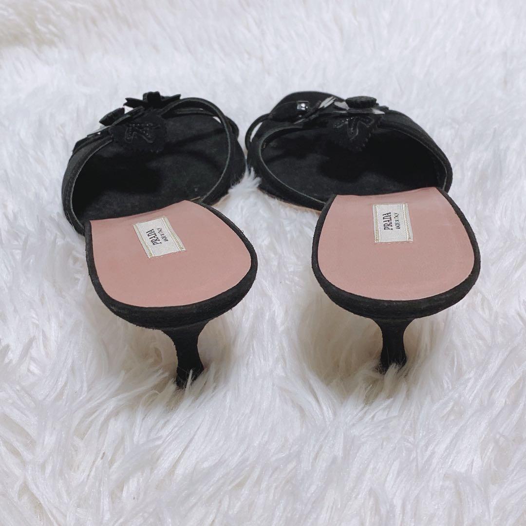 プラダ PRADAレザー フラワー サンダル ミュール 黒 36