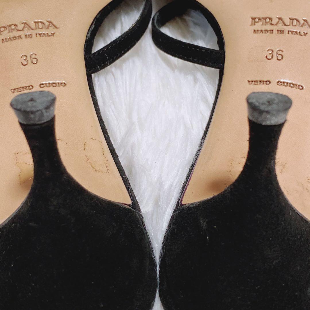 プラダ PRADAレザー フラワー サンダル ミュール 黒 36