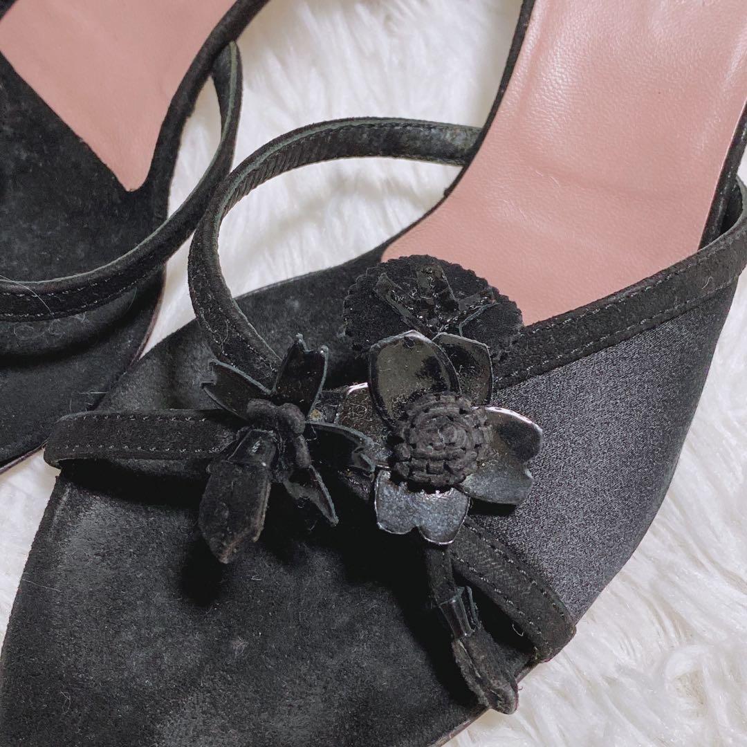 プラダ PRADAレザー フラワー サンダル ミュール 黒 36