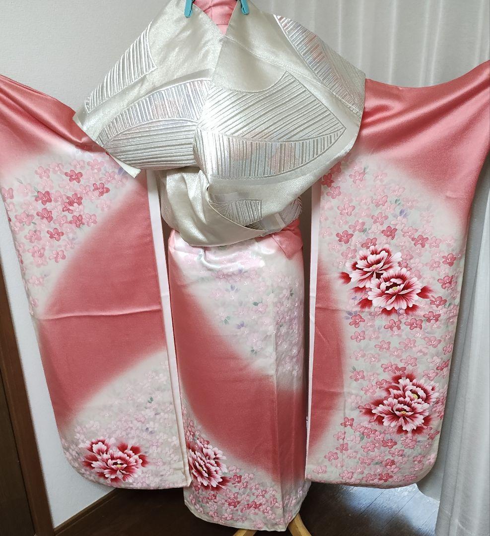 成人式正絹振袖フルセット　三越　上品　苺ピンク色　手描き暈し染め