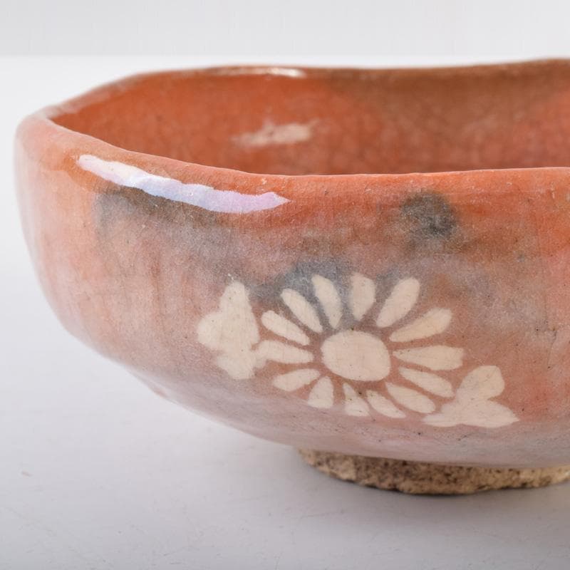 茶道具　楽焼　小川長楽造　花蟹文　赤楽平茶碗　夏茶碗　時代箱　C　7393