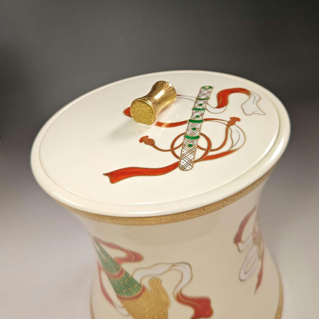 イ696 水指『平安　山岡善昇造』『色絵鼓形楽器尽くし　水指　共箱』茶道具