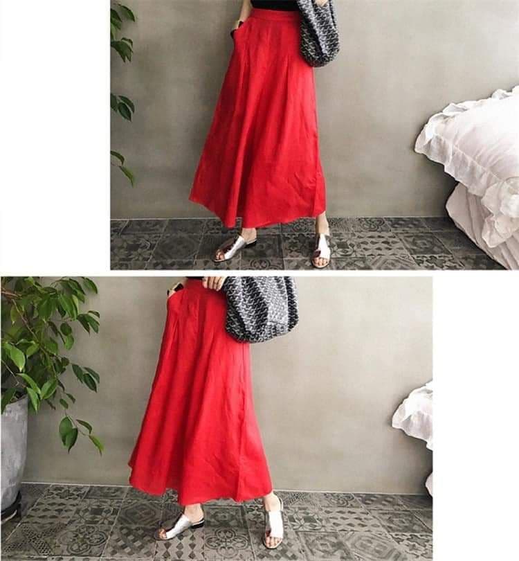 リネンパンツ♡ 赤 カラーパンツ ガウチョパンツ フレア 上品 ブーツに◎ M