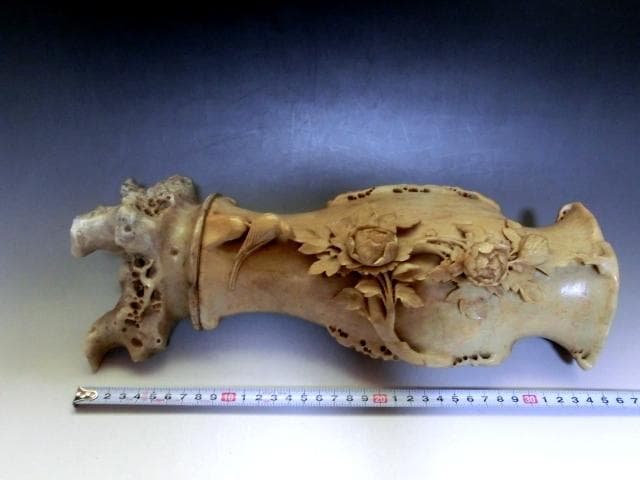 花瓶●寿山石 石彫り 花器 手掘り 花唐草 鳥 土物 古玩 唐物 時代物 骨董品