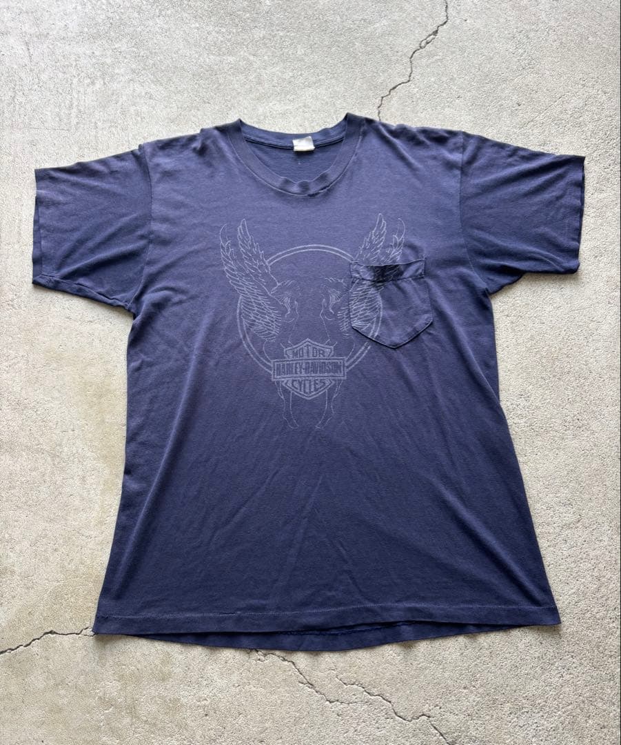 70s ハーレー ポケットTシャツ ビンテージ ナス紺 my freedom