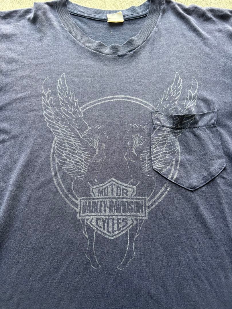 70s ハーレー ポケットTシャツ ビンテージ ナス紺 my freedom