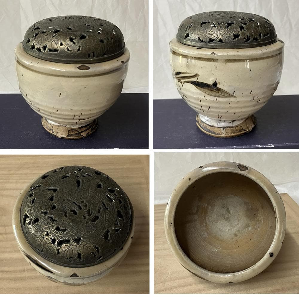 w149 中国古陶磁 鉄絵 香炉 銅製 火屋 中国古美術 茶道具