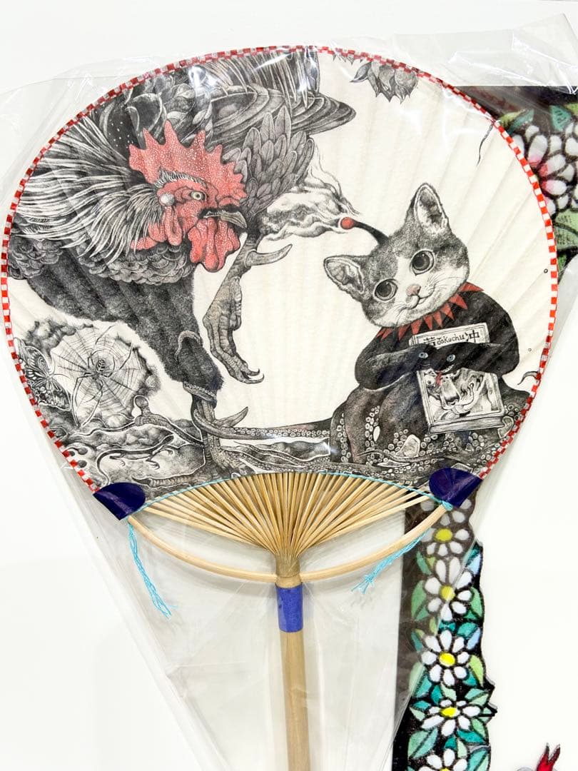 ヒグチユウコ うちわ 若冲雄鶏図 ギュスターヴくん 竹団扇 ボリス 雑貨店 美品