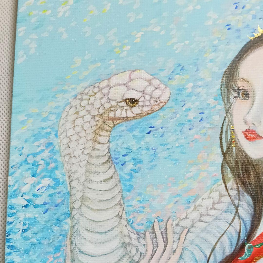 No.550 アクリル画　弁財天　白蛇　弁天様　蛇の絵　開運絵画　原画