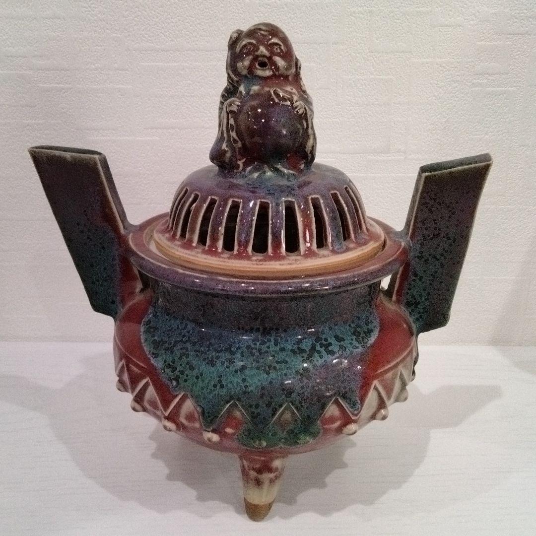 u159　香春焼 在銘 辰砂香炉 仏摘 大振　高さ21.5㎝