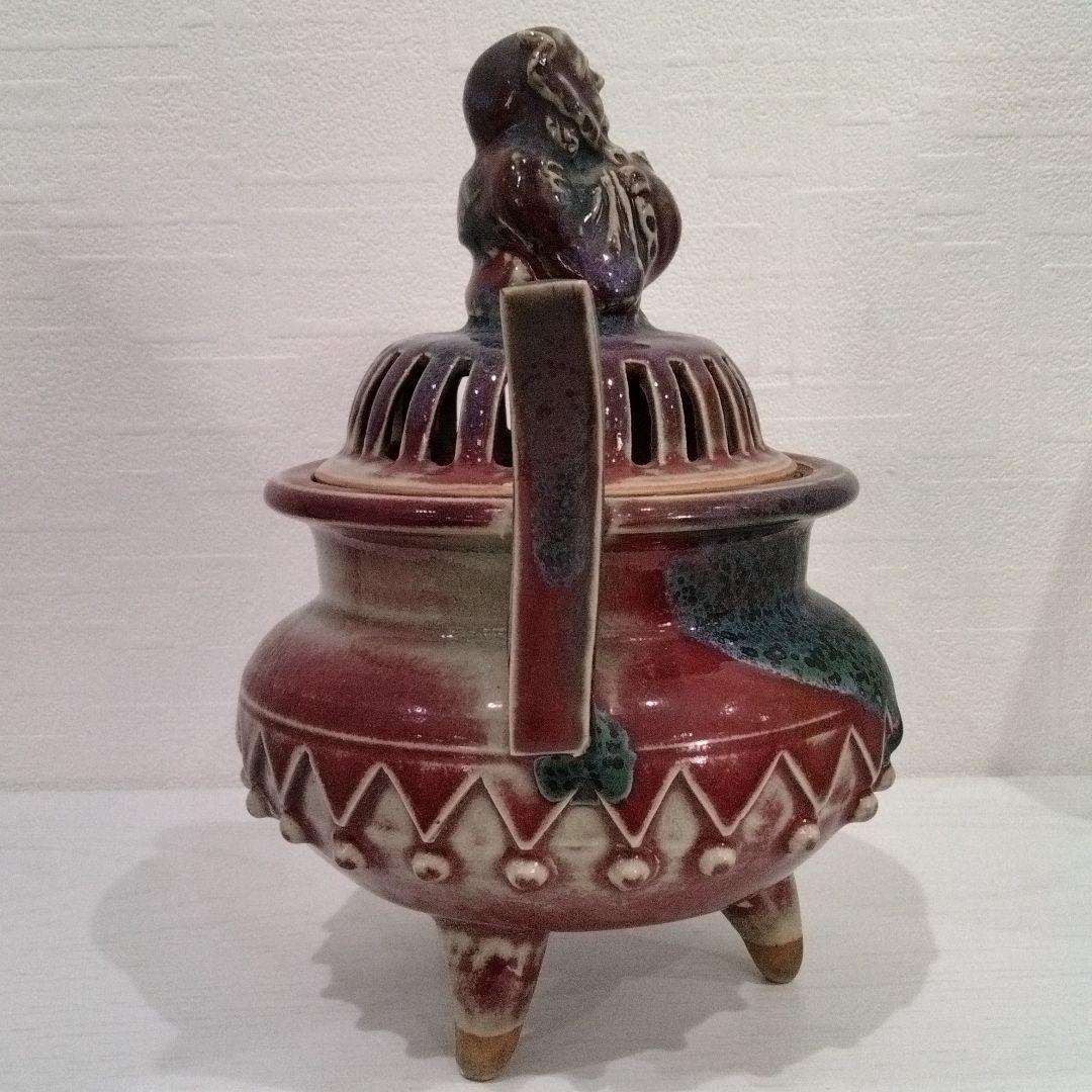 u159　香春焼 在銘 辰砂香炉 仏摘 大振　高さ21.5㎝