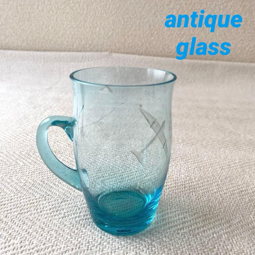 骨董 水色 ガラスカップ 零戦 戦闘機 切子細工 日本 レア ヒビあり