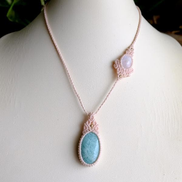 アマゾナイト・ムーンストーン 天然石マクラメ編みペンダントネックレス 3738