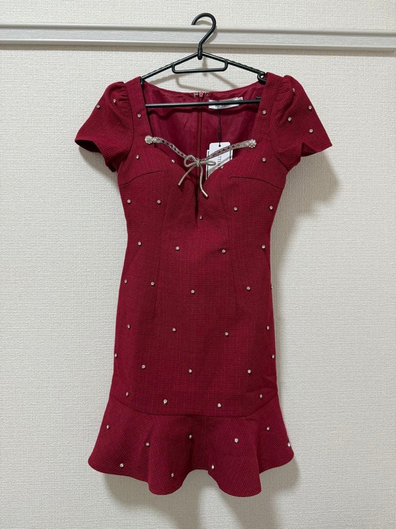ワインレッド パール付きフレアドレス XSサイズ