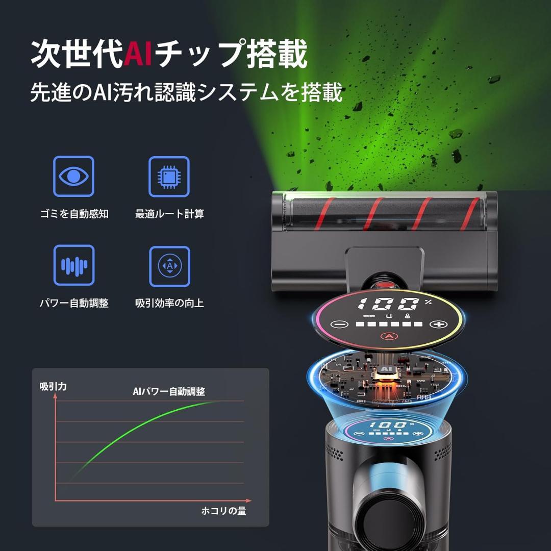 掃除機 コードレス　80Kpa超強力吸引！AI吸引力自動制御スティッククリーナー