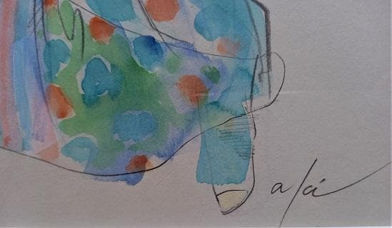 Akiサイン　「ファッション」　鉛筆デッサンに水彩画　　真作