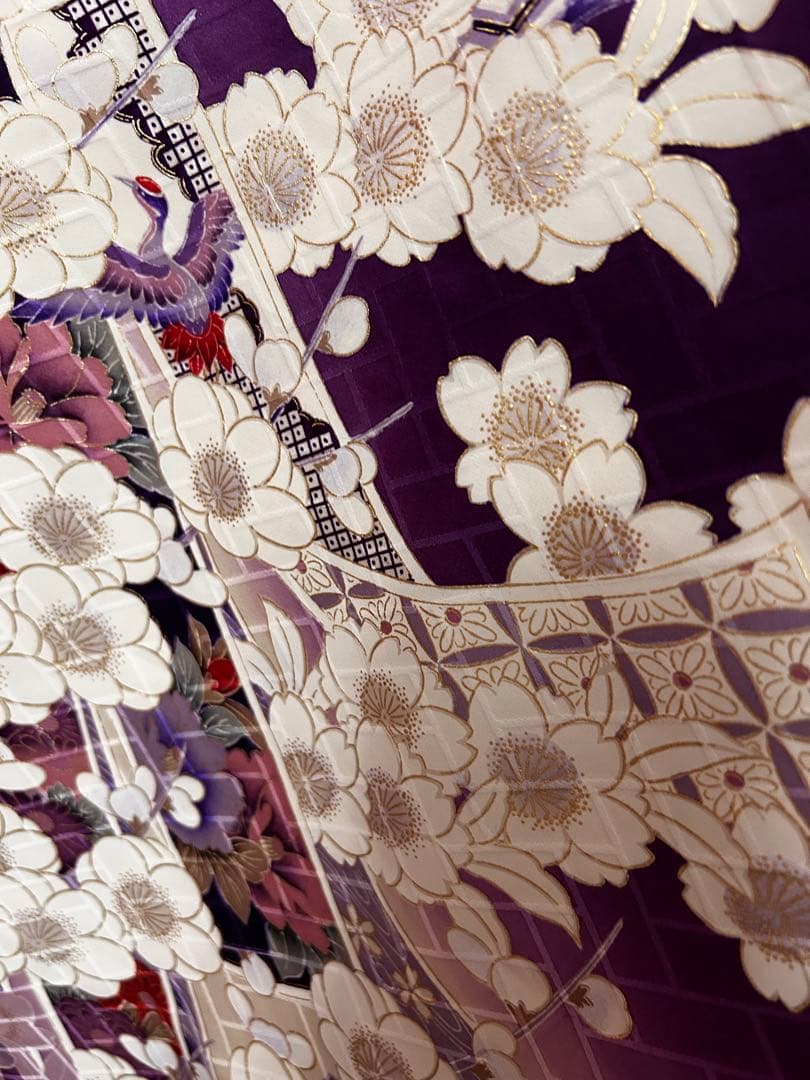 正絹 振袖 紫 古典柄 梅牡丹 金彩 地紋 身丈159 裄63 袖丈105