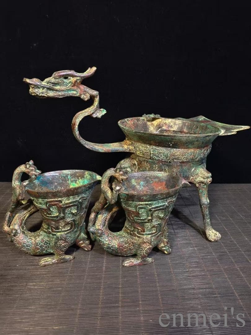 中国古美術 漢代 青銅器3点セット 龍首柄 鎖斗 酒器 三足設計 温酒器 禮器