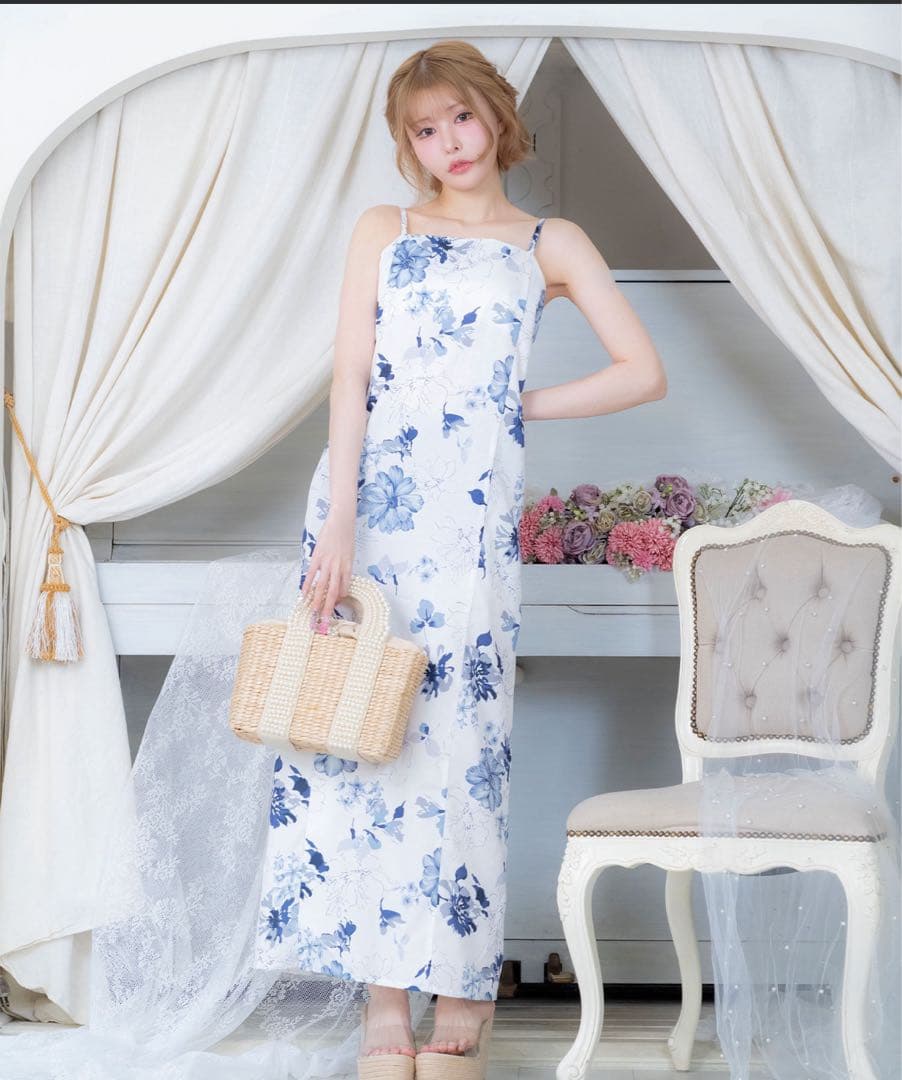 浴衣ワンピース2way水彩ニュアンスブルーフラワーゆかた3点