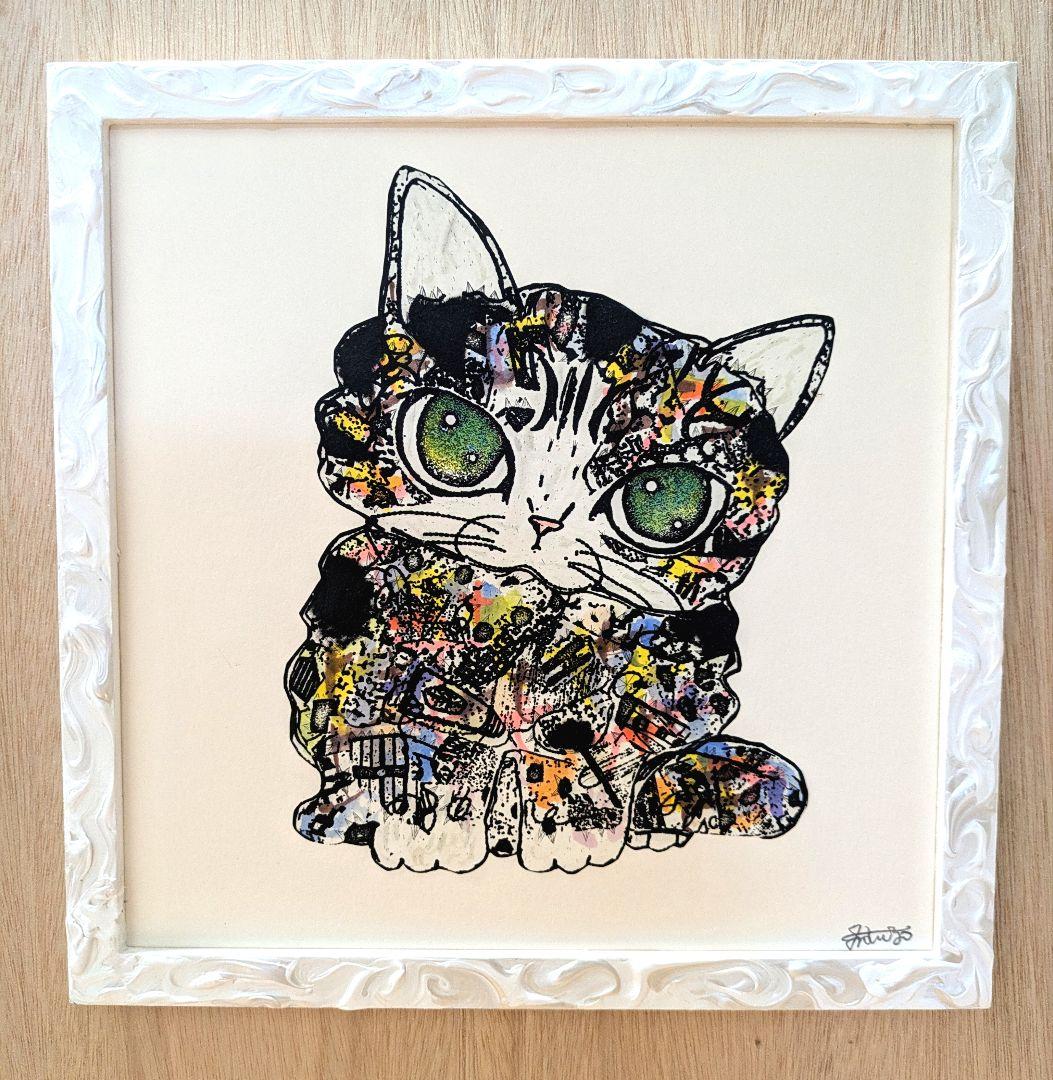 手作り額付き銅版画カラー作品　title「きらめきニャンコ」
