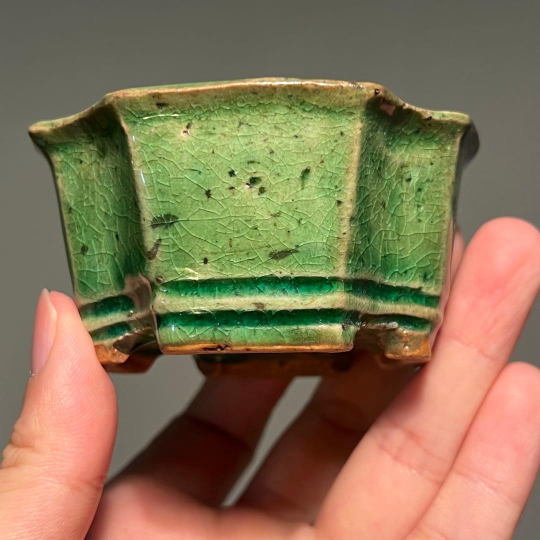 796.獅子丸 緑釉隅角正方 盆栽鉢 植木鉢 7.8*7.8*4.1cm