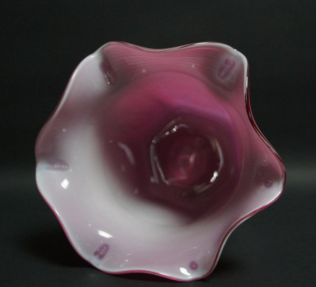 アンティーク大正ウランガラス宙吹き千筋文大型氷コップグラス花器 気泡入美品希少品