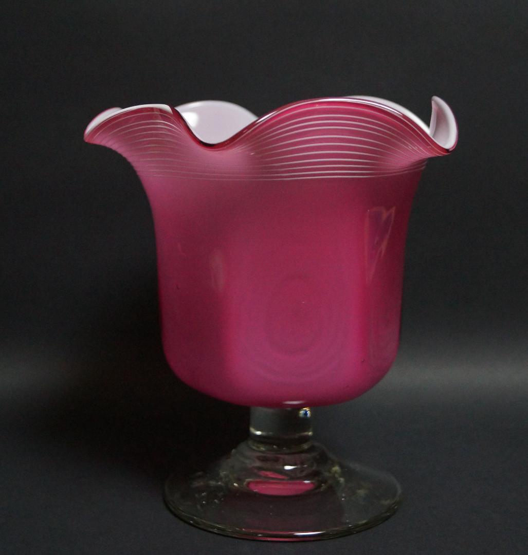 アンティーク大正ウランガラス宙吹き千筋文大型氷コップグラス花器 気泡入美品希少品