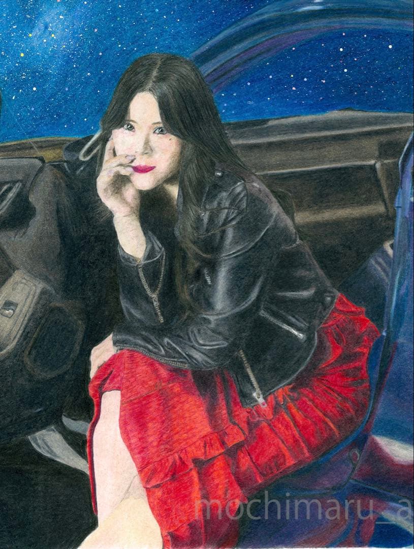 美女と車と星空と。（色鉛筆画／額付き／A3サイズ／肉筆）