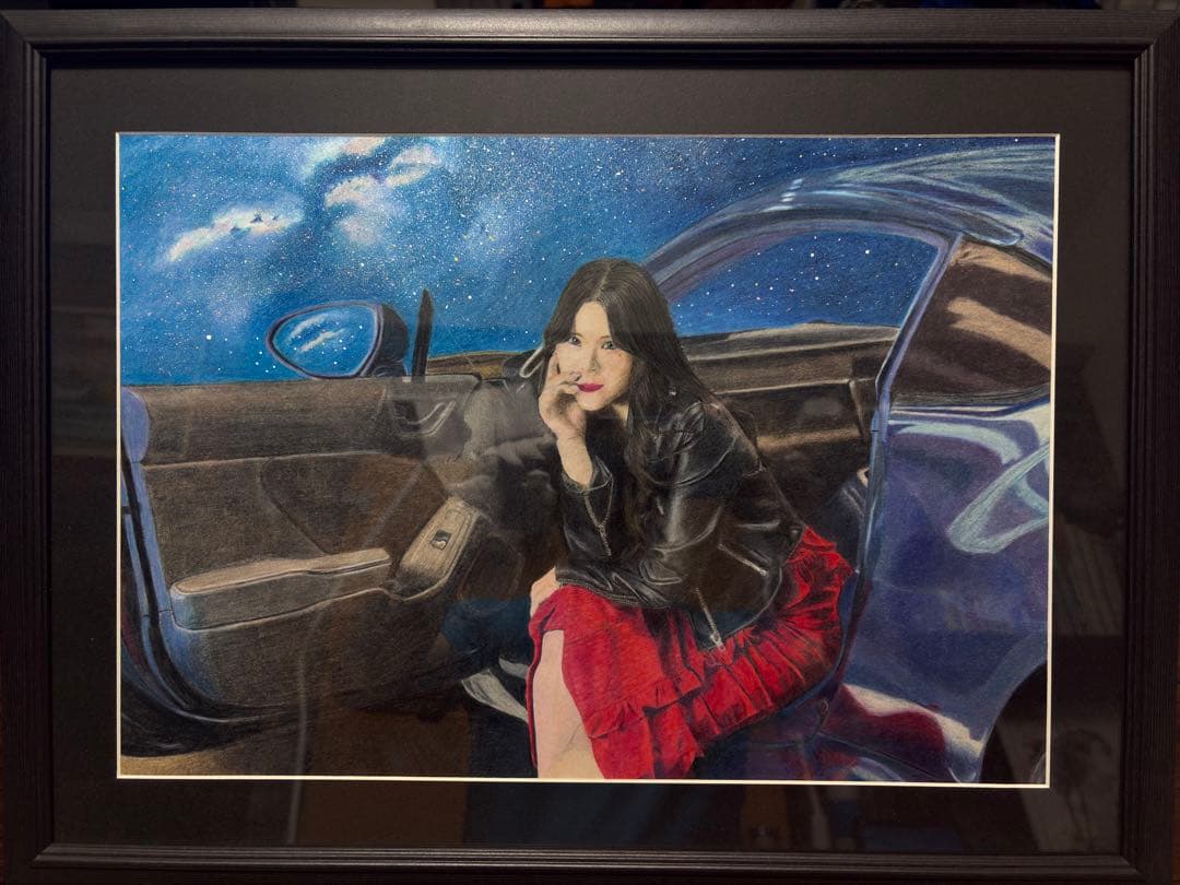 美女と車と星空と。（色鉛筆画／額付き／A3サイズ／肉筆）