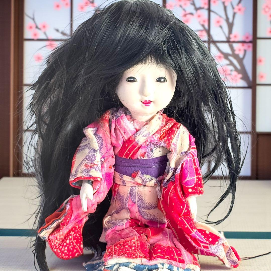 市松人形 明治後期 市印 朱印 三つ折れ 単色黒目 ガラス目 縮緬 着物 伝統工