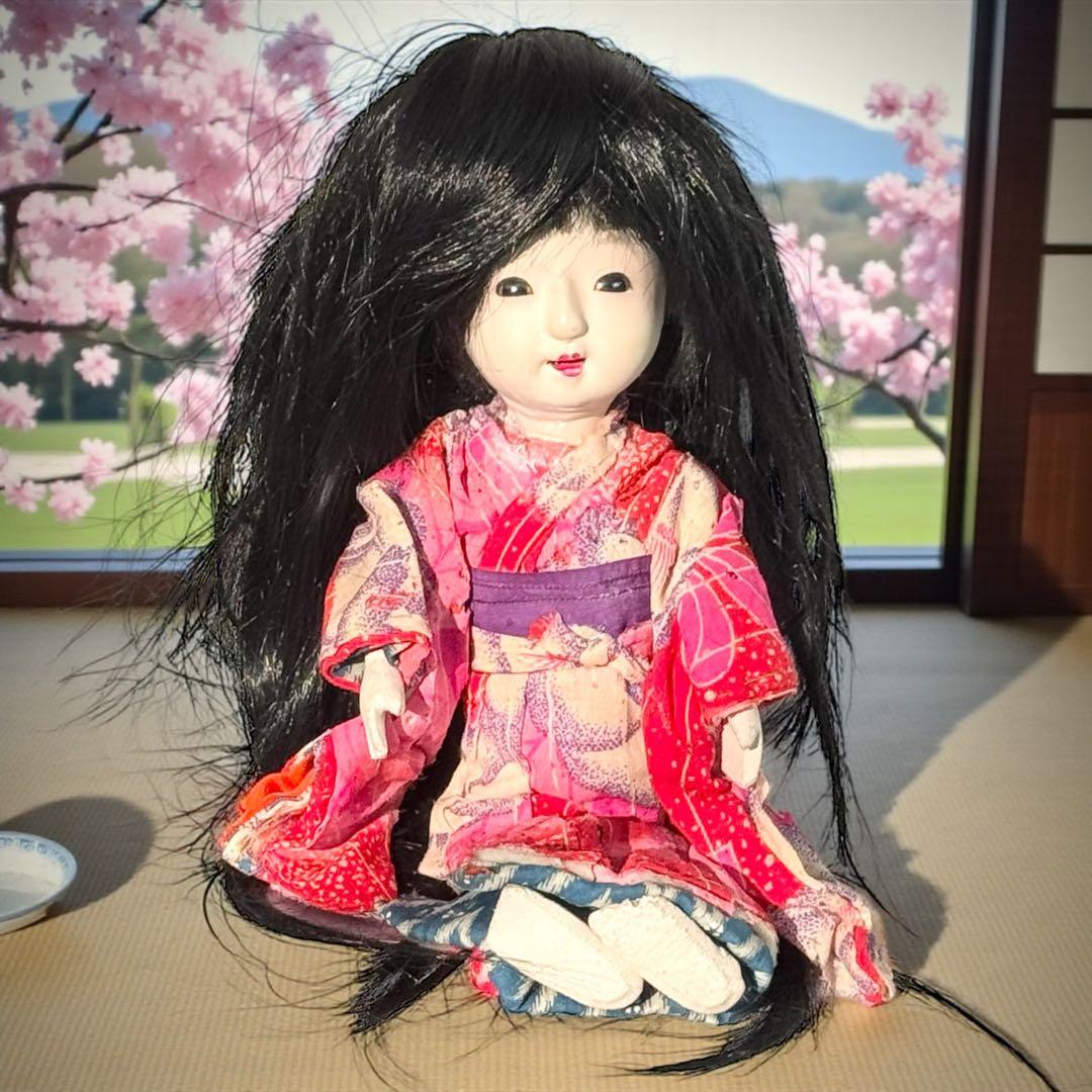 市松人形 明治後期 市印 朱印 三つ折れ 単色黒目 ガラス目 縮緬 着物 伝統工